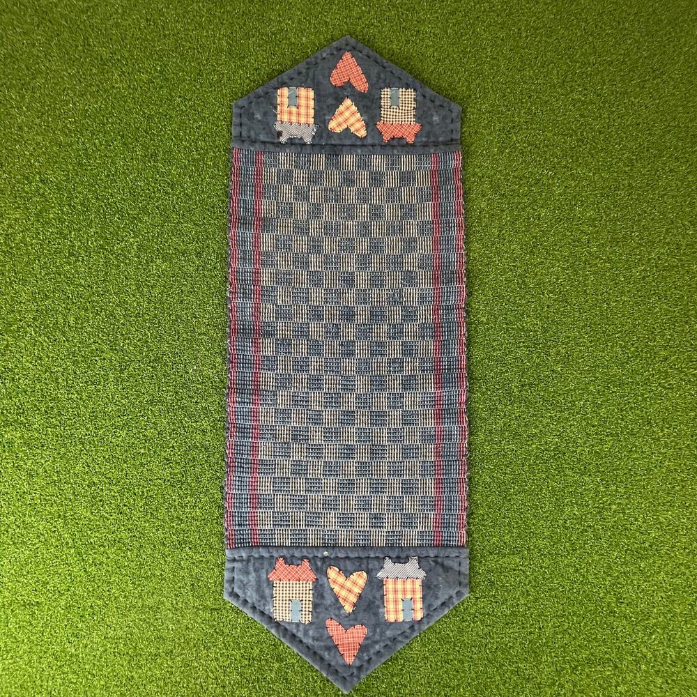 Vintage Primitive Country Table Runner Houses Hearts Applique Woven Folk Art